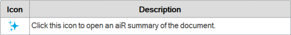 A table explaining the summary icon that you can click to view an aiR summary of the doucment.