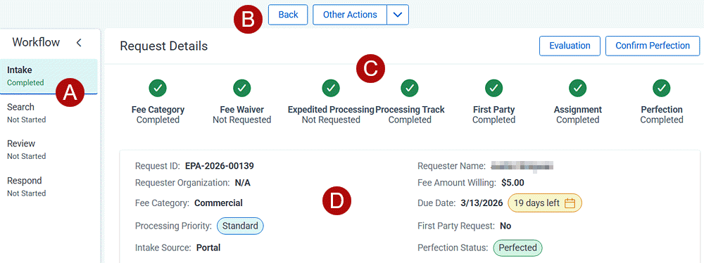 Navigation points on the request details screen.
