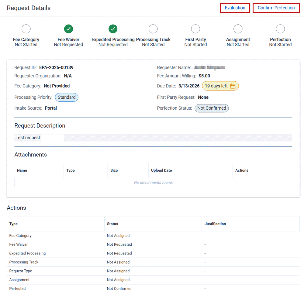 The FOIA request details screen show status and priority.