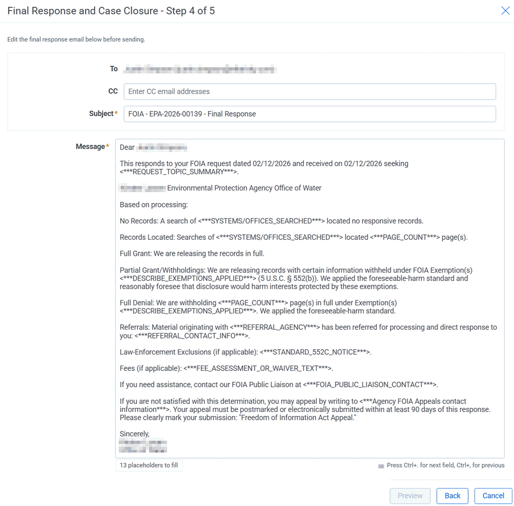 Email template to use for the final decision email to the requester.