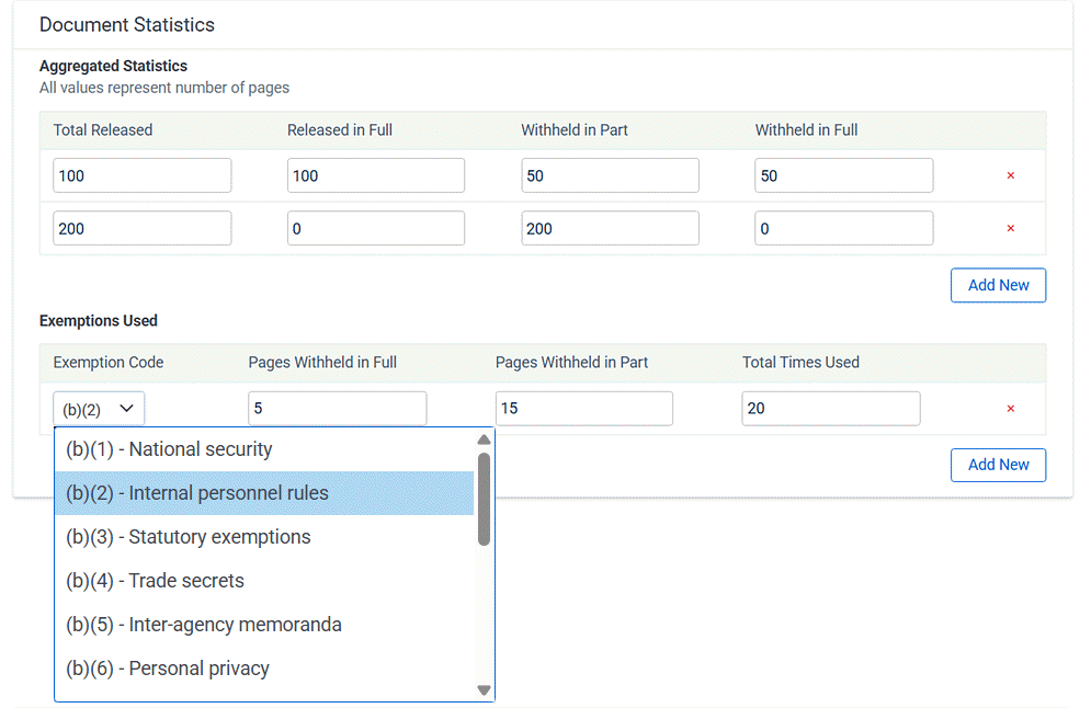 Aggregated statistics bar showing the number of pages released and withheld.