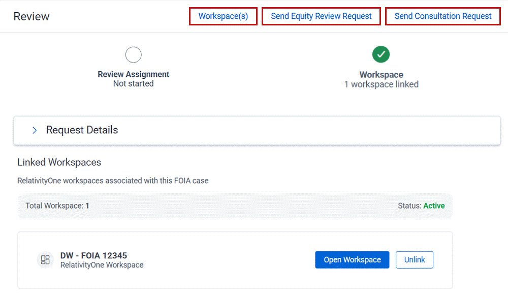The review details screen showing links to workspaces and email templates.