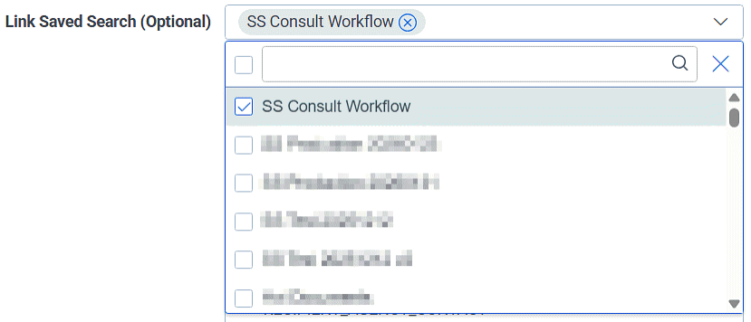 A list of saved searches in a drop-down menu that you can select for your review requests.
