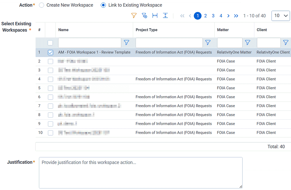 Select an existing workspace for this request.