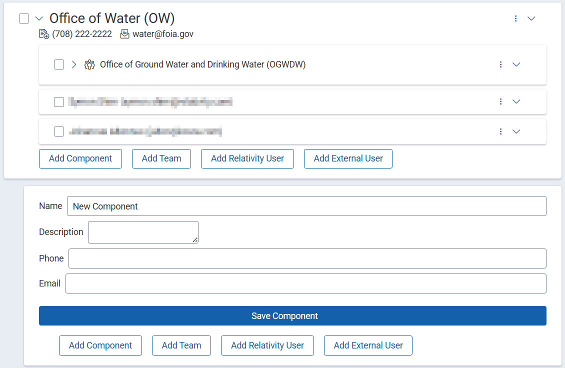 Entering component details such as name, description, and phone.