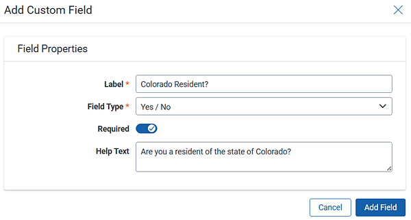 Entering values for a custom field's properties such as the label, required option, and help text.