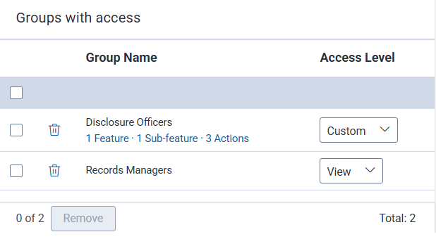 After adding groups to a component, they appear in the groups with access section.