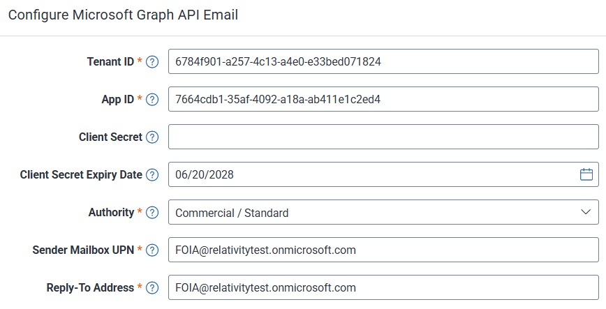 Enter values for the Graph API fields so Relativity can send emails on your behalf.