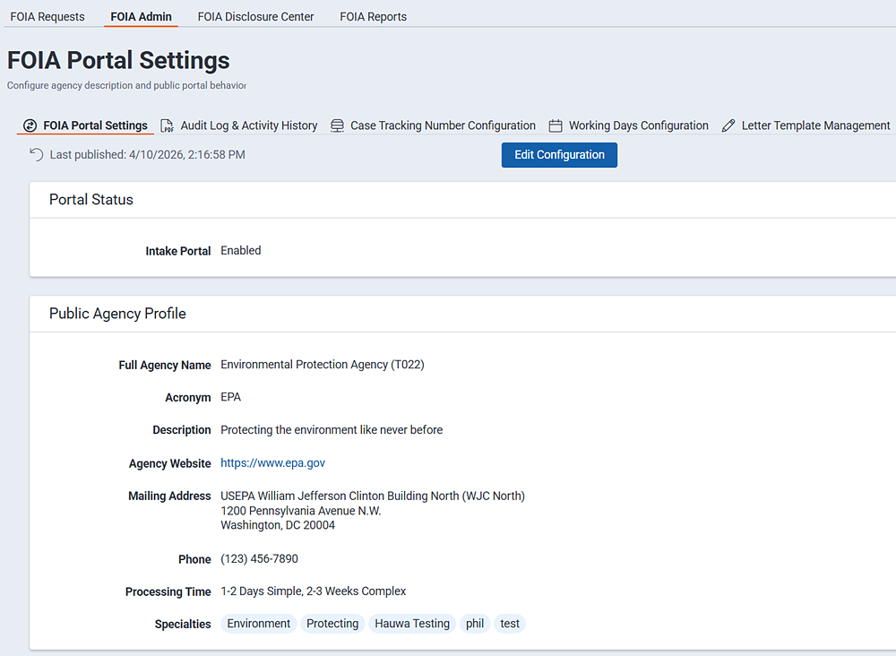 The FOIA Admin portal is where you configure agency and public portal settings and behavior.