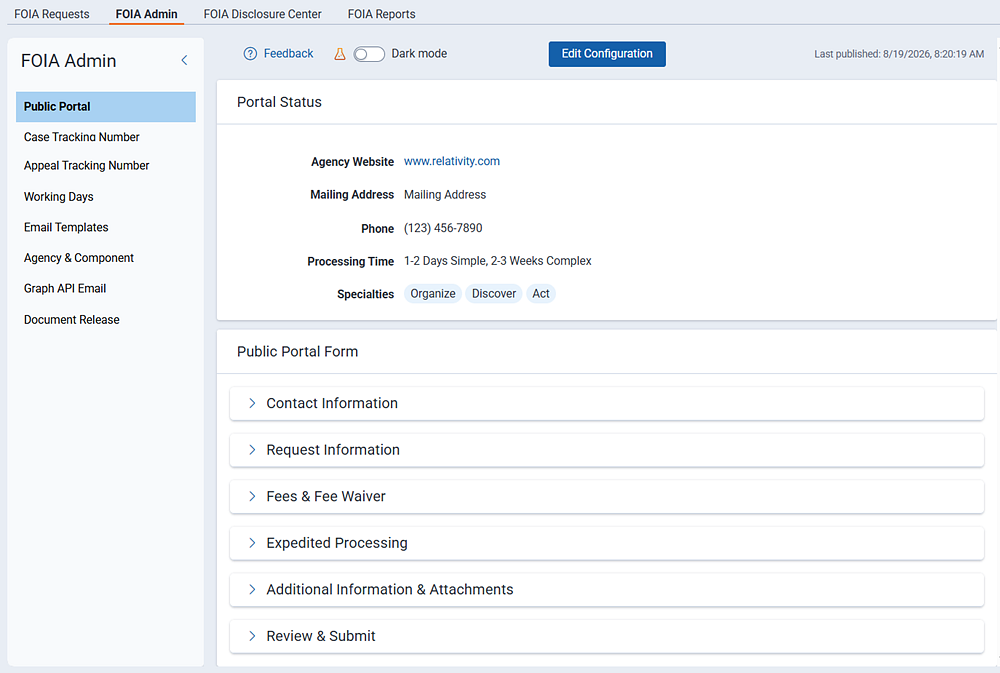 The FOIA Admin portal is where you configure agency and public portal settings and behavior.