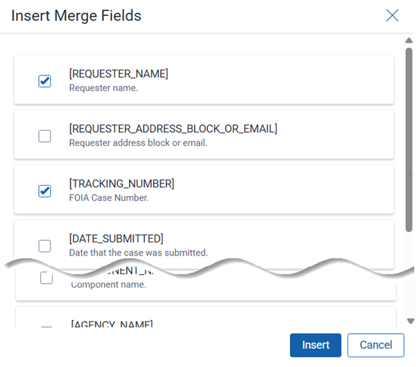 Insert merged fields into a form template so that they are automatically populated with data from the request.