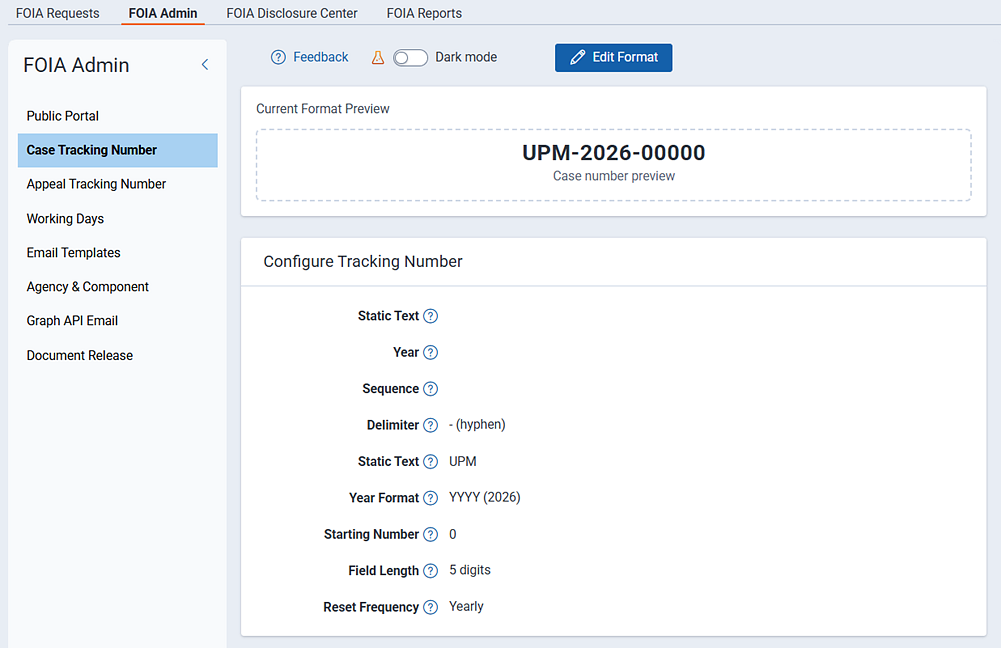 Case number tracking and configuration is where you set the format and behavior for case numbers.