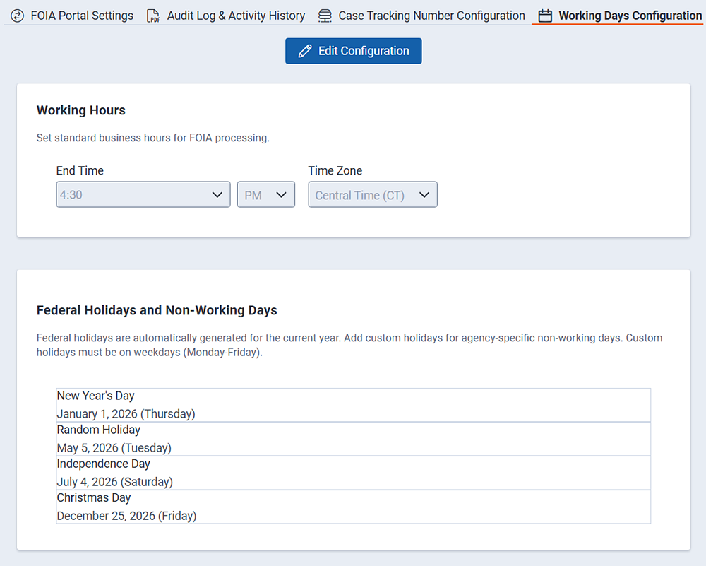Set working days and hours. You can also add or remove holidays.