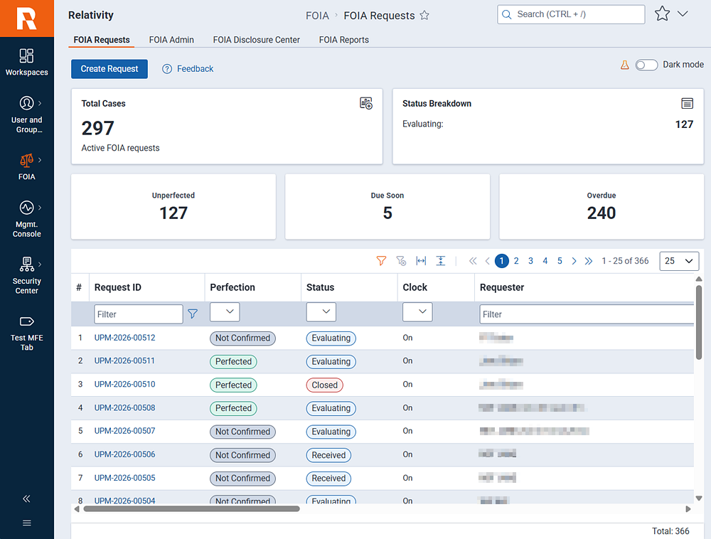 RelativityOne FOIA portal for agency access.