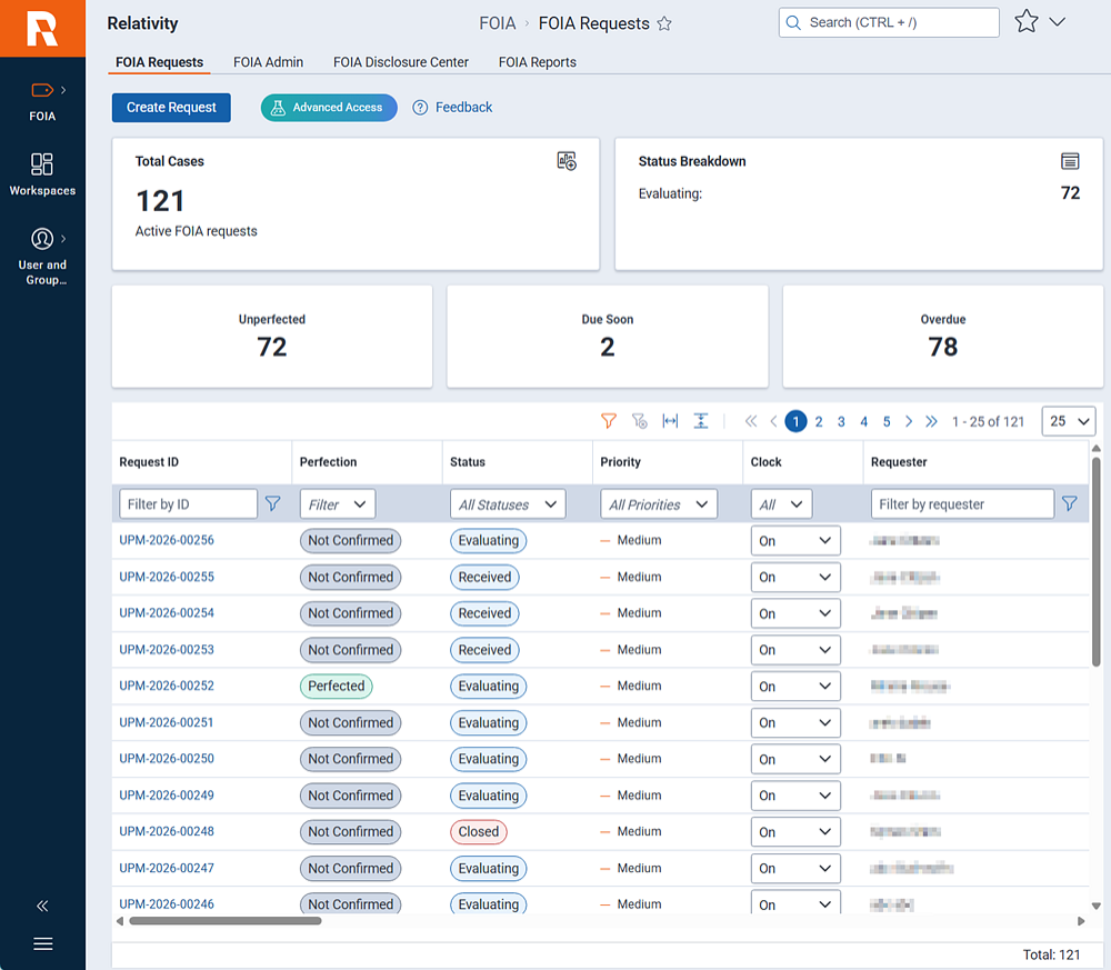 RelativityOne FOIA portal for agency access.