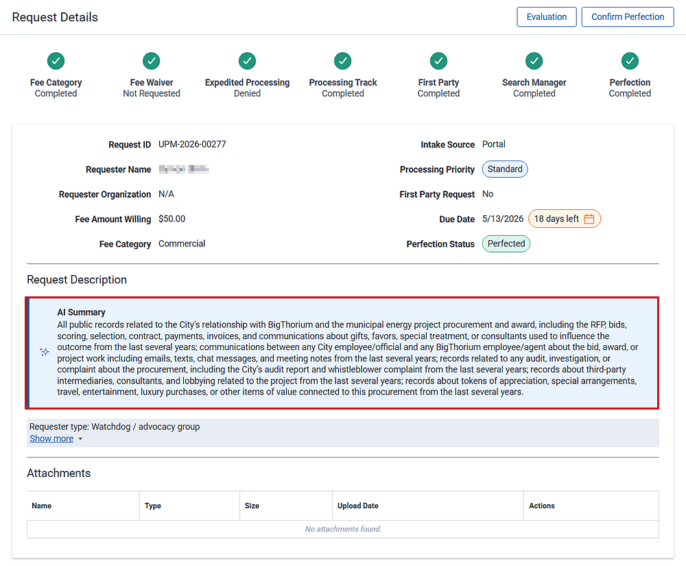 The request description is summarized by AI, saving on time and effort for review.