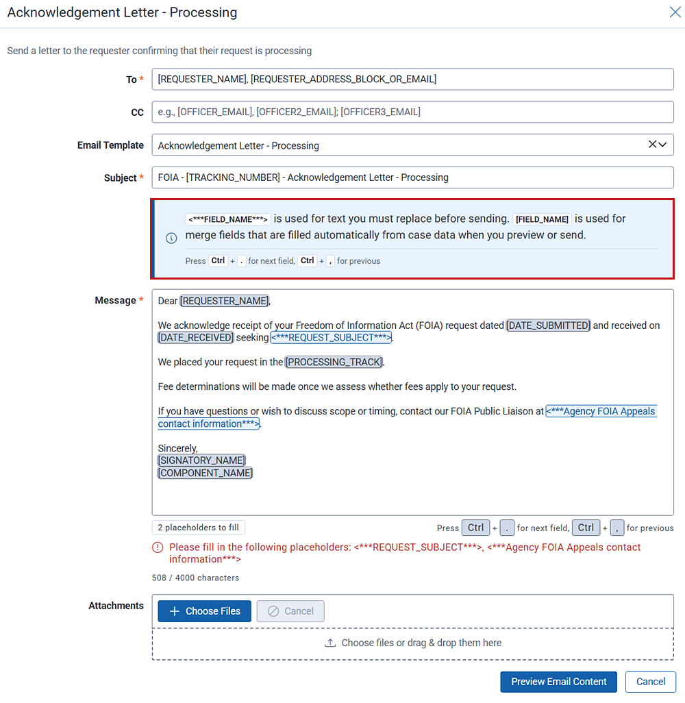 The email template for informing the requester their submittal is perfected and now ready for processing.