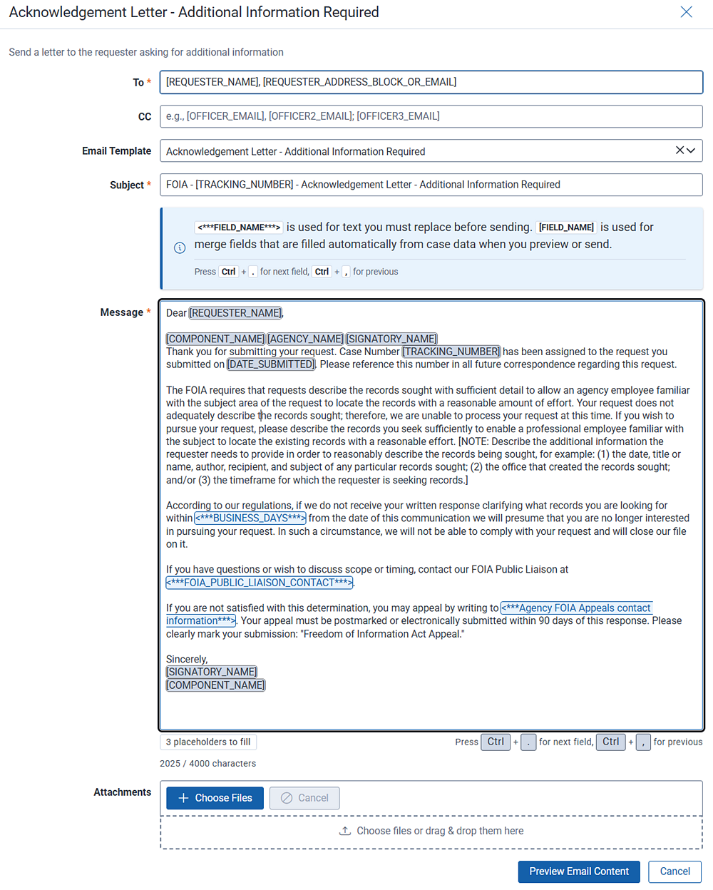 The email template for informing the requester their submittal is perfected and now ready for processing.