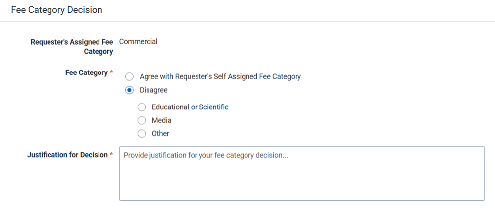 Fee category screen where you can confirm or assign a fee category.