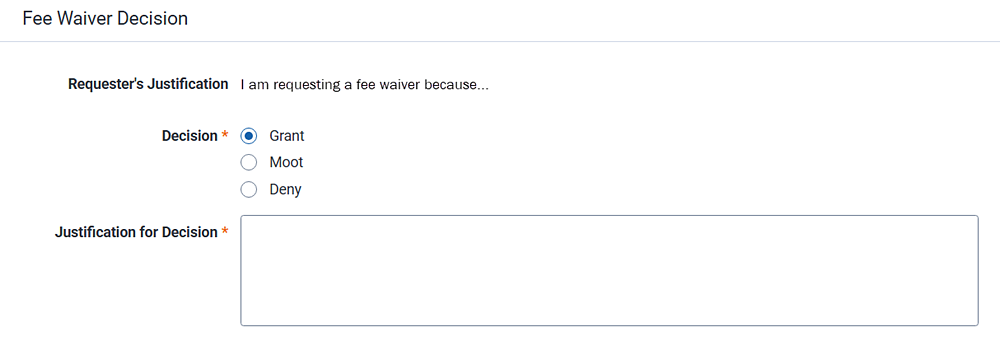 Fee Waiver screen where you can grant or deny waiver requests.