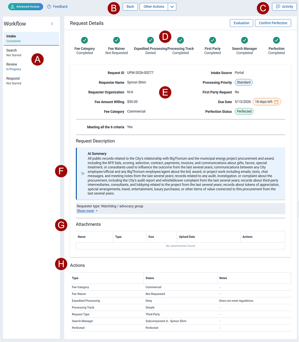 Navigation points on the request details screen.