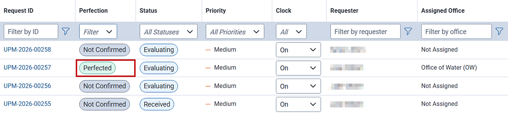 The FOIA list with one list item highlighting its perfected status.
