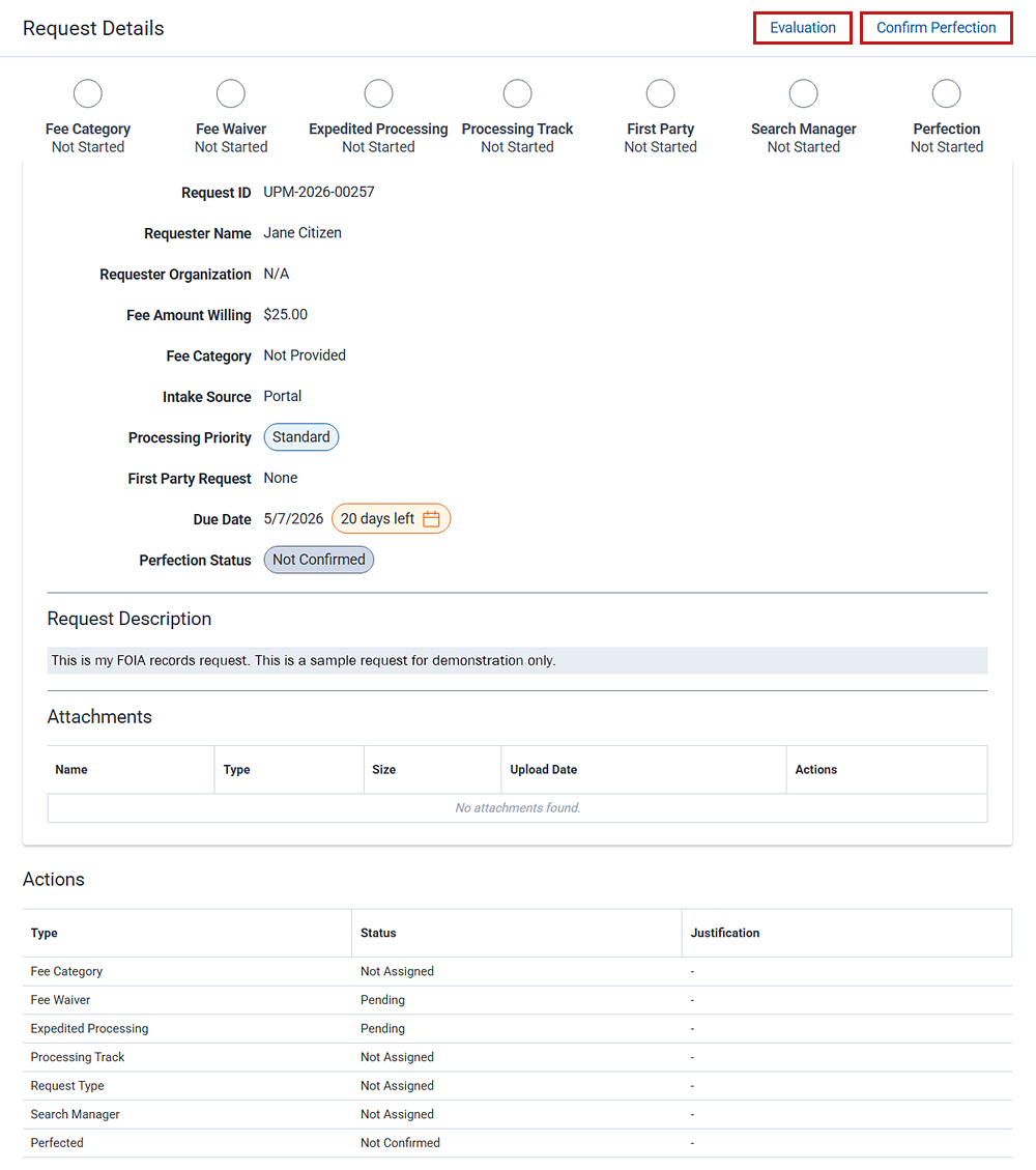 The FOIA request details screen show status and priority.