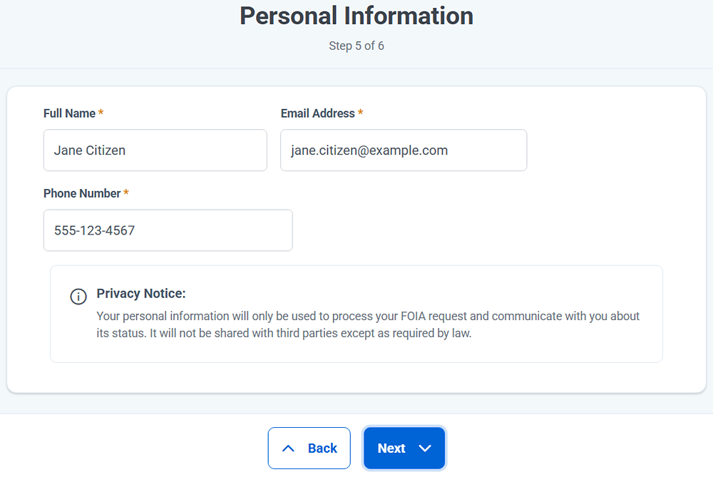 Enter your full name, email address, and phone number on the personal information screen.