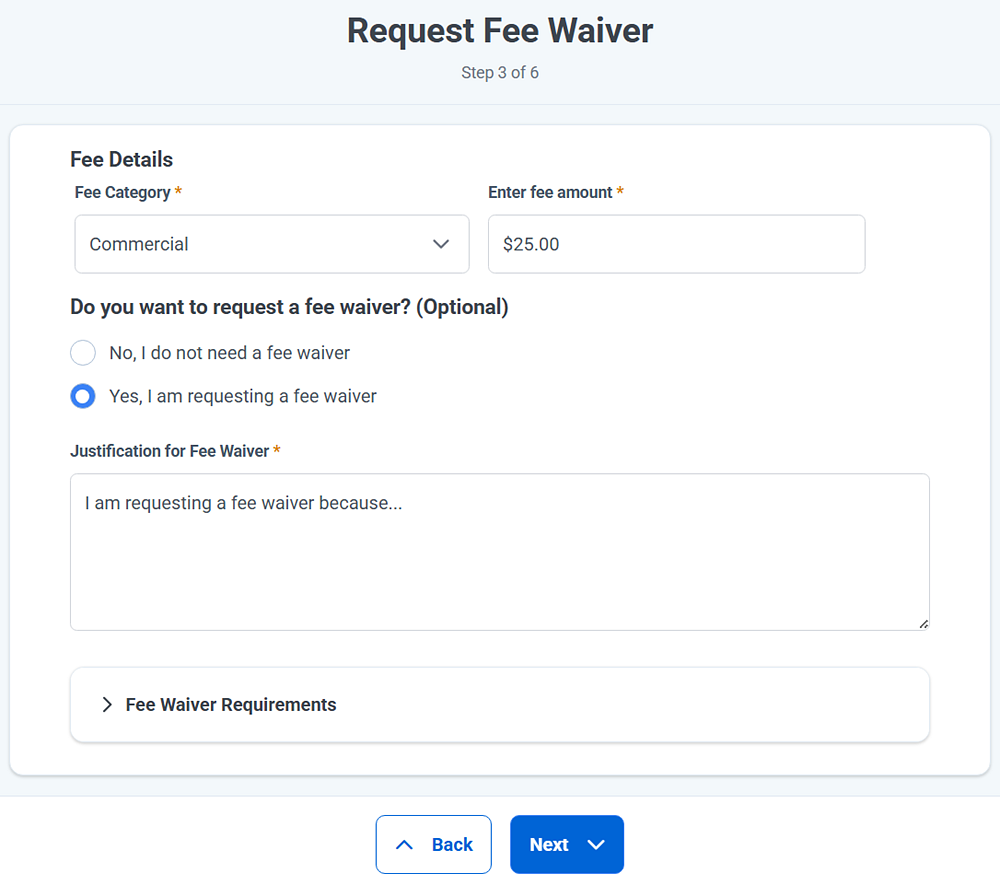 Select a fee category and enter the amount you are willing to pay. You can also request a fee waiver from this screen.