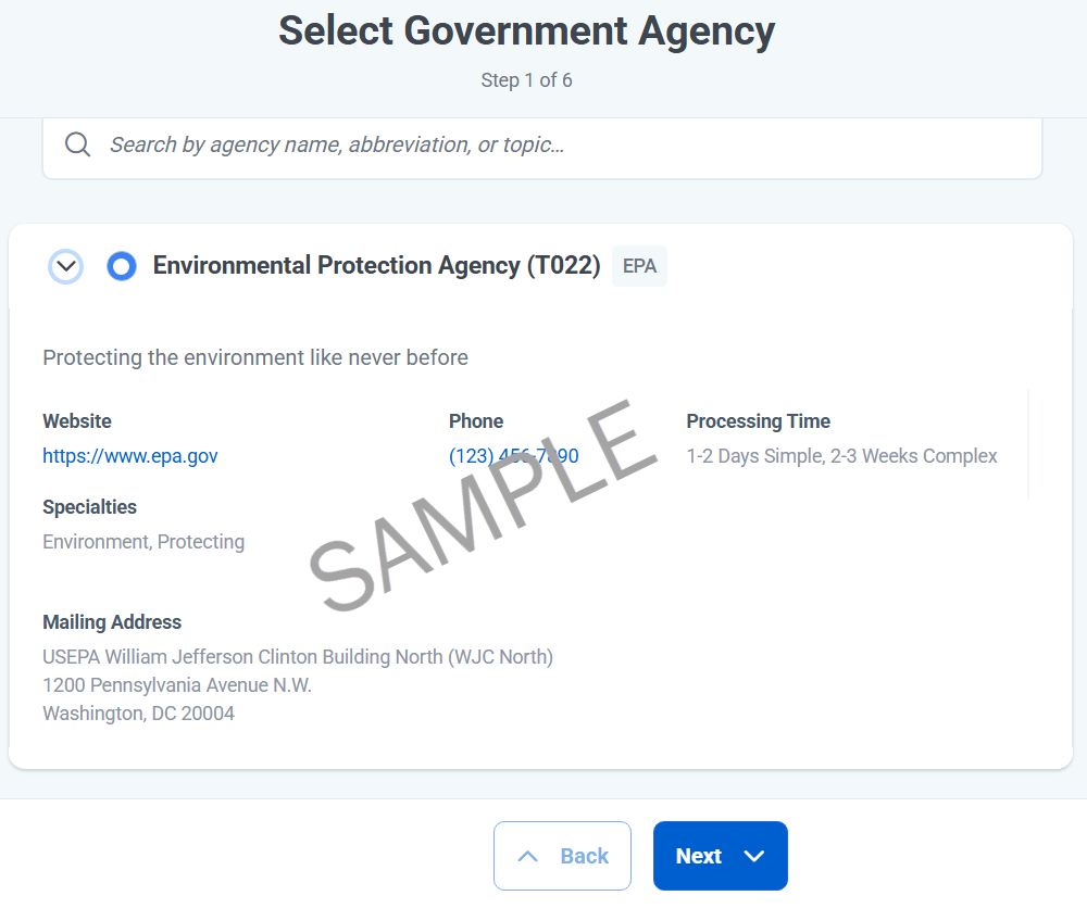 Selecting an agency for a FOIA request submission.