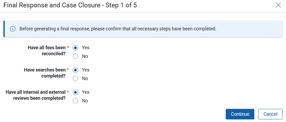 The final response wizard provides a checklist of all workflow steps.