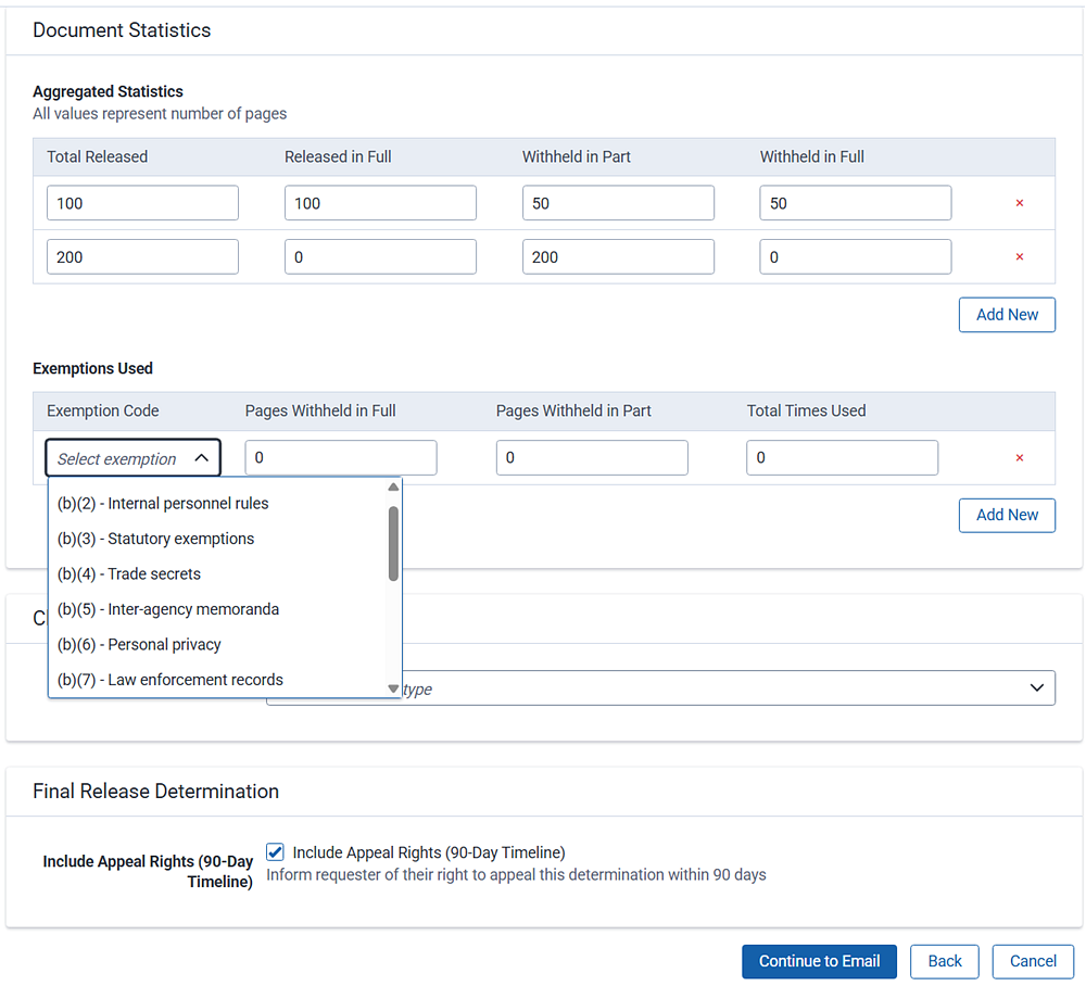 Aggregated statistics bar showing the number of pages released and withheld.