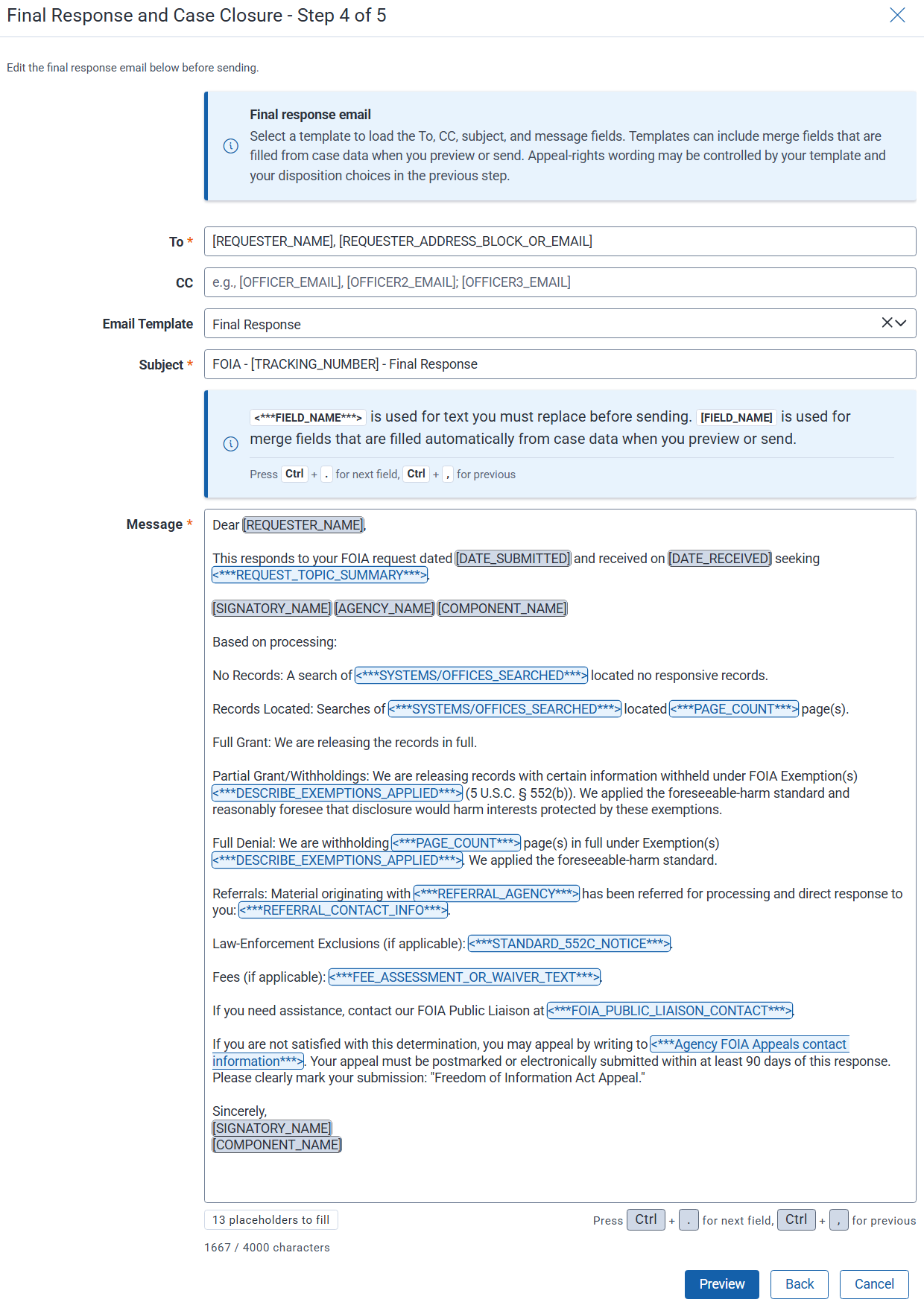Email template to use for the final decision email to the requester.