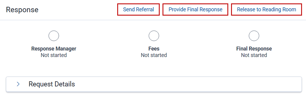 The respond screen with actions for sending referral requests and finalizing FOIA decisions.