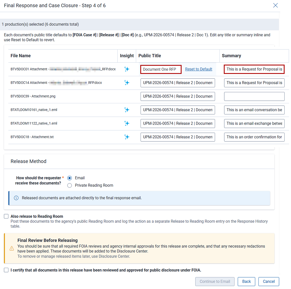 Give documents friendly titles and summaries for public release.