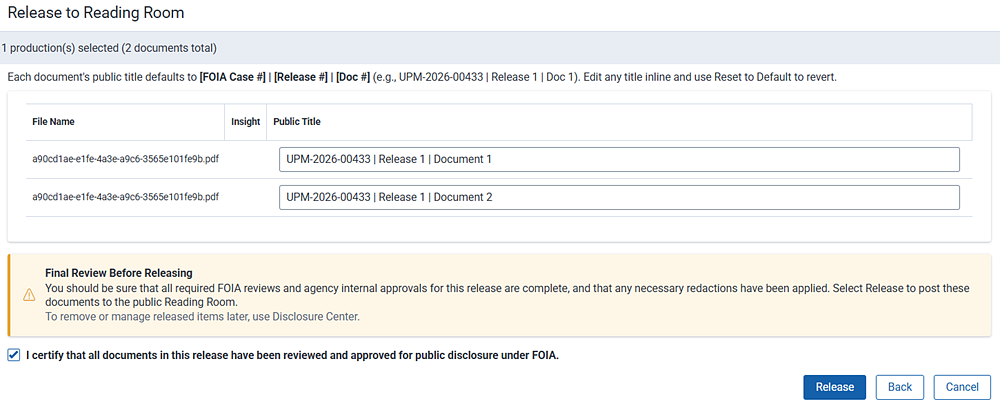 Edit the document set titles to make them public-friendly. Check the box that you are confirming the review and approval of the document disclosure.