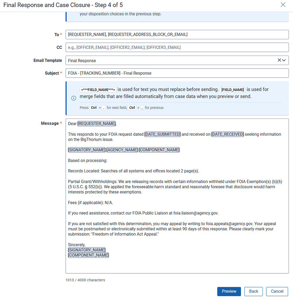 Email template to use for the final decision email to the requester.