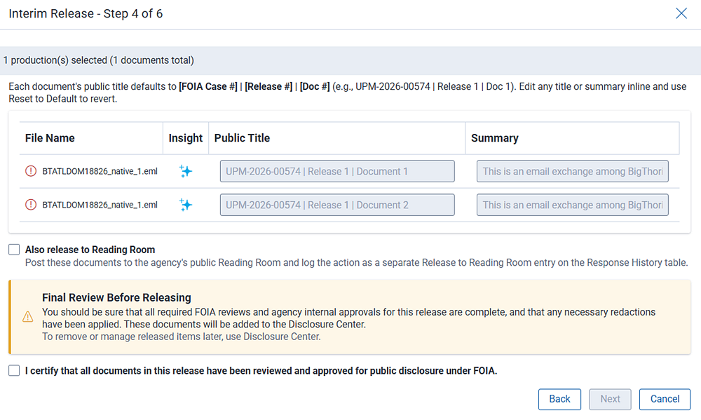 Interim release shows a summary of documents you are releasing to the reading room.