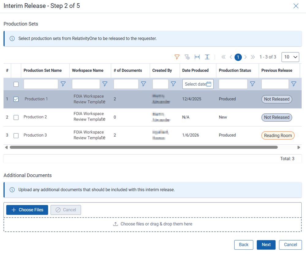 For an interim document release, select the production sets containing the documents.