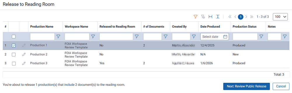Select the final production sets to release to the reading room.