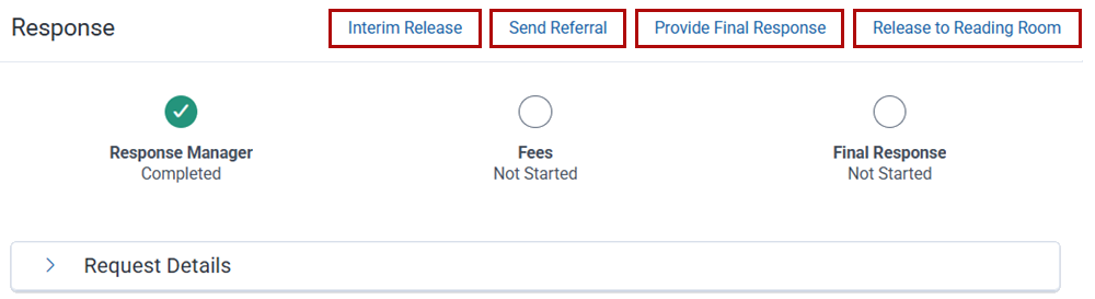 The respond screen with actions for sending referral requests and finalizing FOIA decisions.