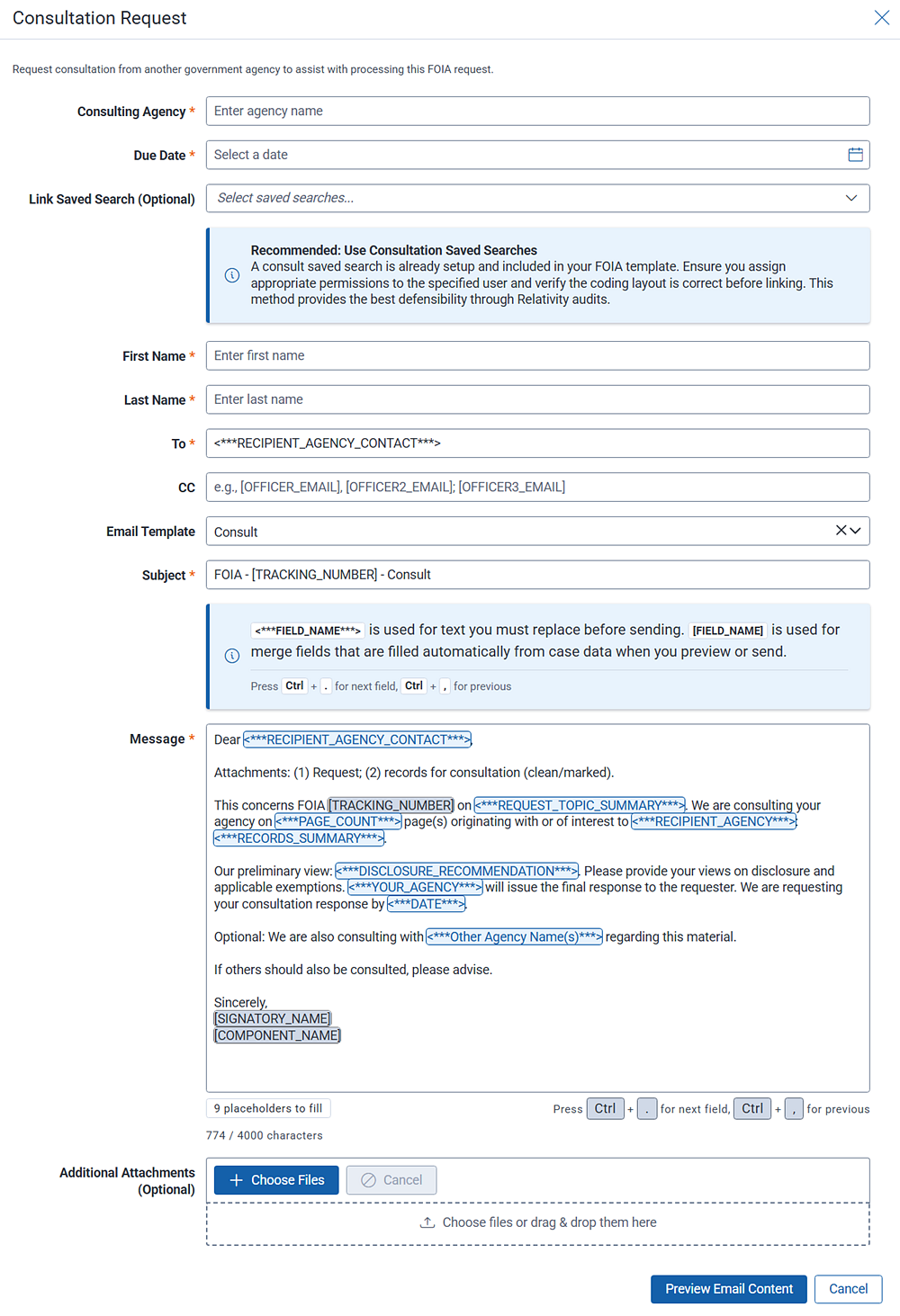 Form template for requesting additional consultation from another agency.