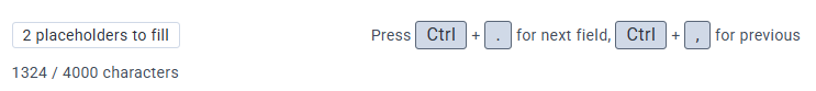 Additional information on an email template includes the number of placeholders that need attention, along with a character count.