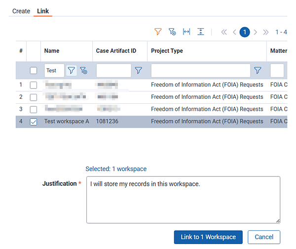 Selecting an existing workspace to link the foia request. The workspace is where records are stored.