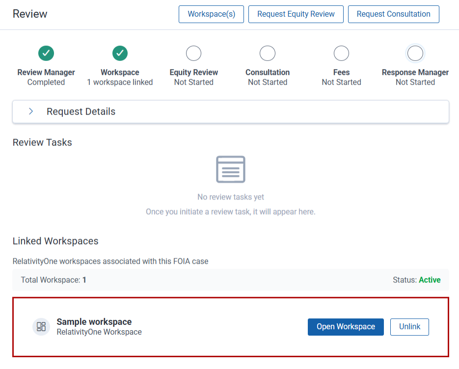 On the review landing page, the linked workspaces sections lists the workspaces associated with this request.
