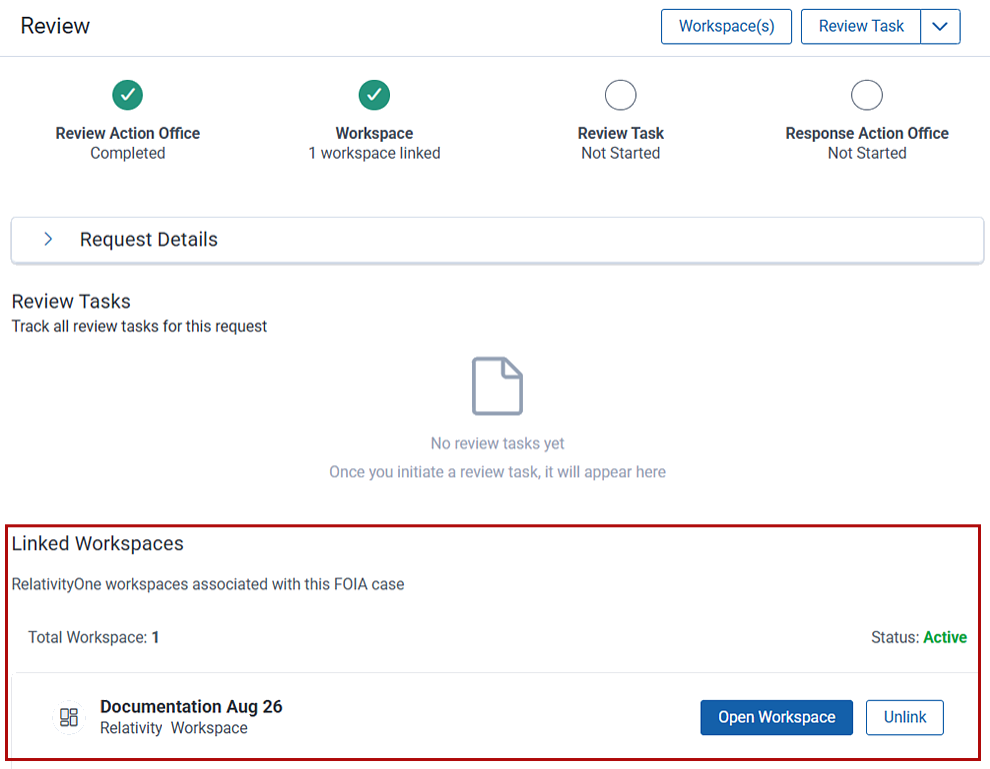 On the review landing page, the linked workspaces sections lists the workspaces associated with this request.