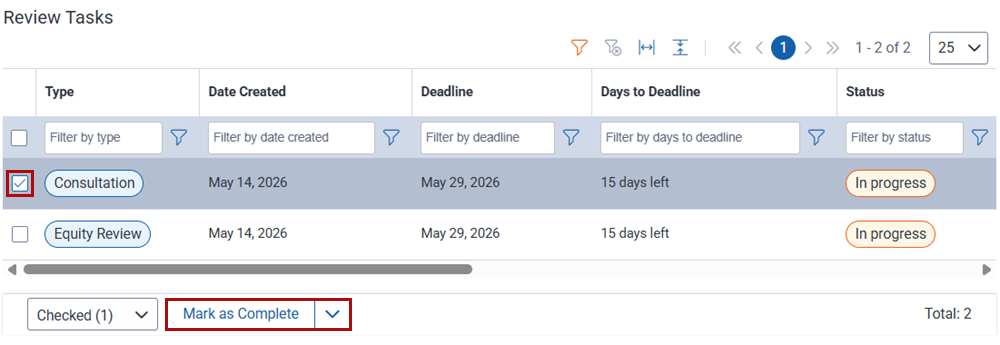 Use mass actions to mark one or more tasks complete.