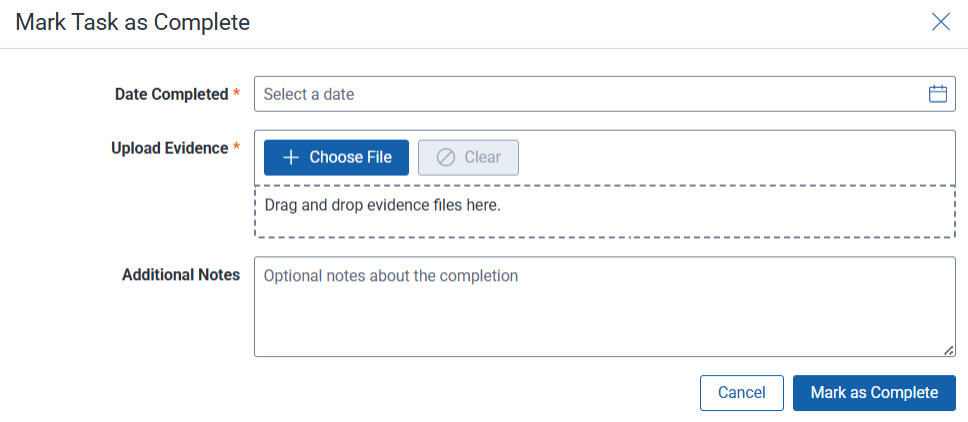 The confirmation modal when you select the mark as complete mass action.