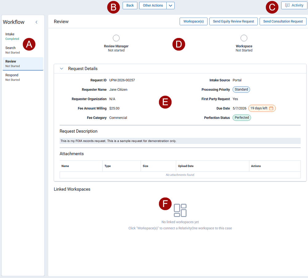 Navigation points on the request details screen.