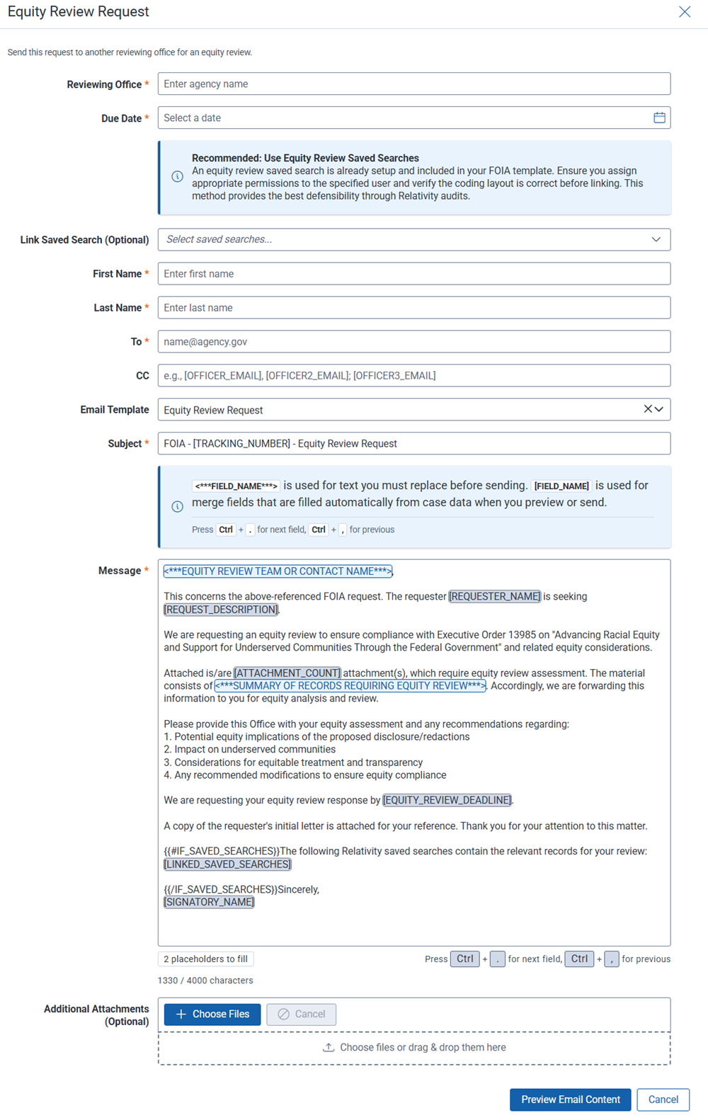 The request equity review form for pre-release quality checking of FOIA search results.